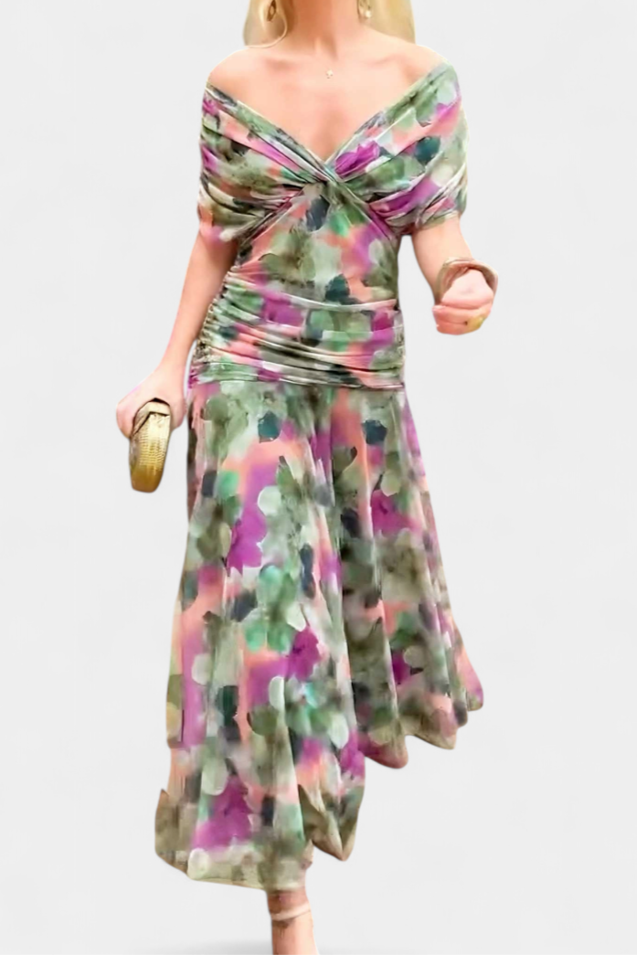 Chic floral off-shoulder maxi dress for women, featuring elegant long sleeves and a beautiful pattern.