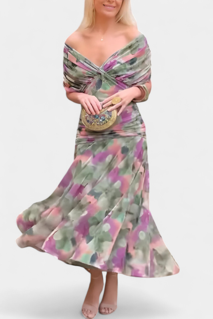 Flattering women's floral long sleeve off-shoulder maxi dress, ideal for special occasions & evening wear.
