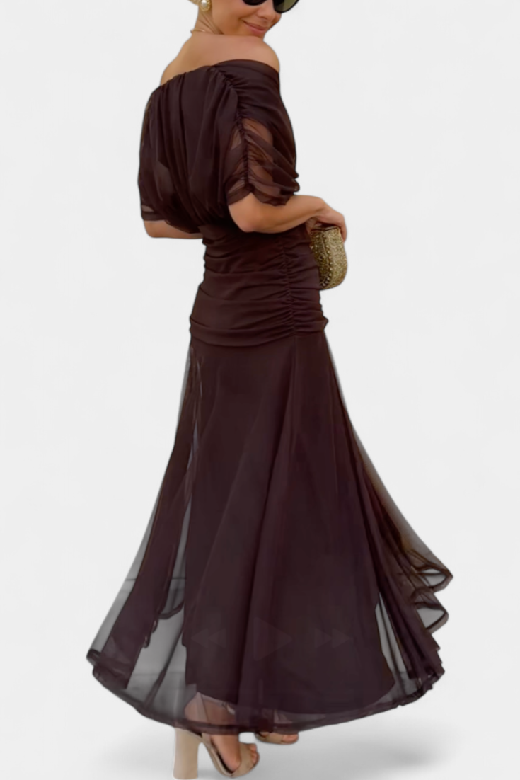 Beautiful women's floral off-shoulder maxi dress with long sleeves, offering a sophisticated formal look.