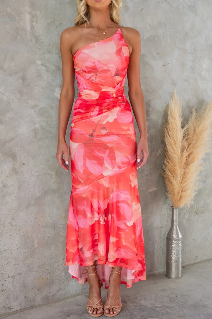 Vibrant floral print one-shoulder maxi dress for women, ideal as a formal wedding guest or party dress.