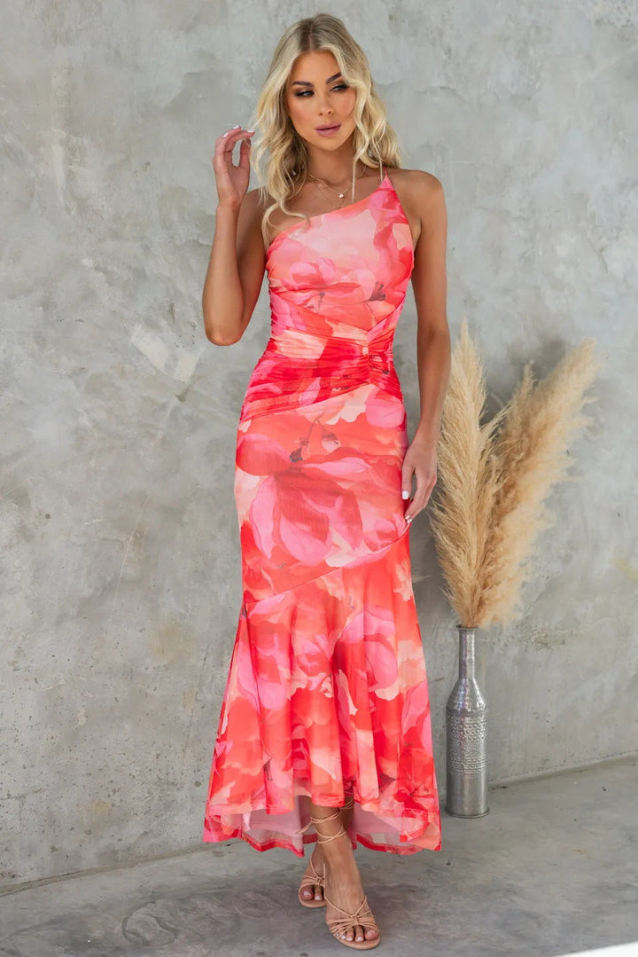 Chic women's floral one-shoulder maxi gown, an elegant and flattering option for wedding guests and formal parties.
