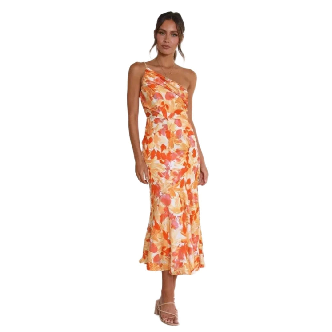 Sophisticated floral print one-shoulder midi dress for women, ideal as a wedding guest or cocktail dress.