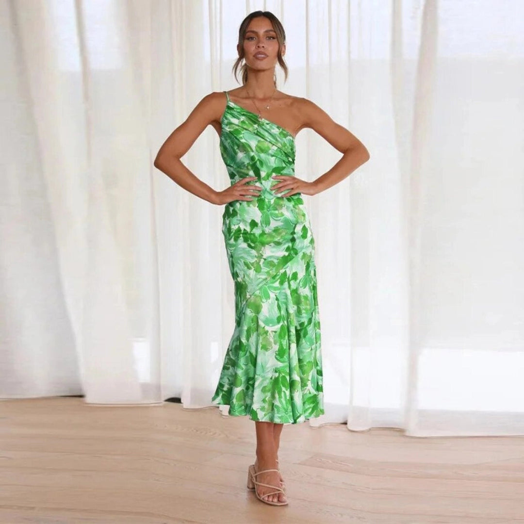 Women's elegant floral one-shoulder midi dress, perfect for wedding guest attire or summer parties.