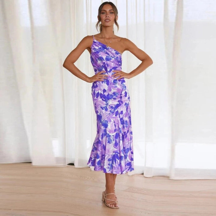 Vibrant floral one-shoulder midi dress for women, an elegant party or wedding guest ensemble.