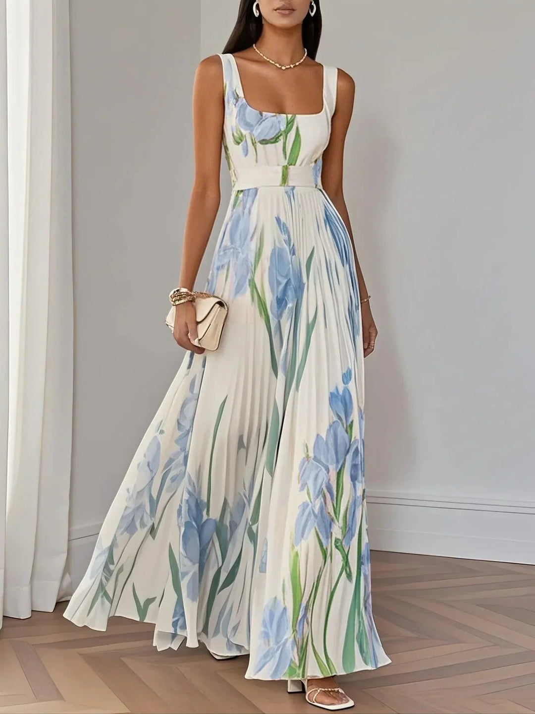 Elegant women's floral pleated maxi dress with a square neck, perfect for wedding guests & summer occasions.