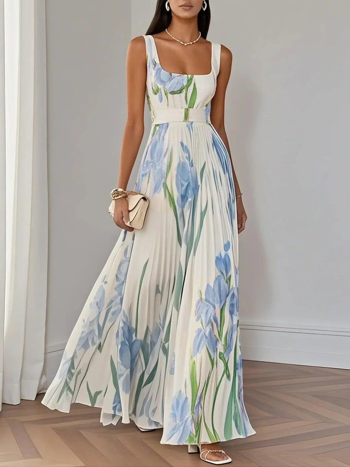 Elegant women's floral pleated maxi dress with a square neck, perfect for wedding guests & summer occasions.