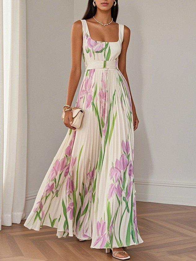 Elegant women's square neck floral pleated maxi dress, perfect wedding guest or formal evening party dress.