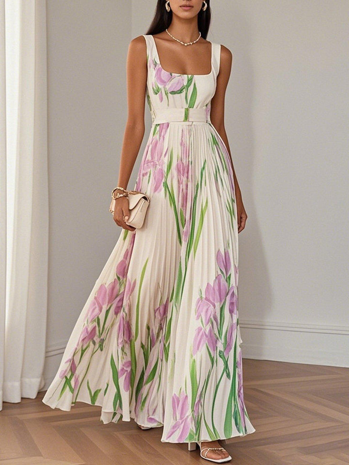 Chic floral print maxi dress for women, pleated design with a square neck, ideal as a formal wedding guest gown.