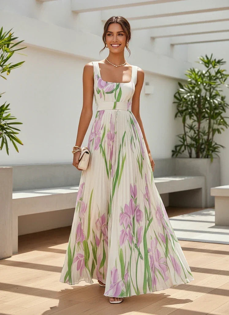 Flowy pleated floral maxi dress for women. Elegant square neck, perfect formal wear for weddings, parties & events.