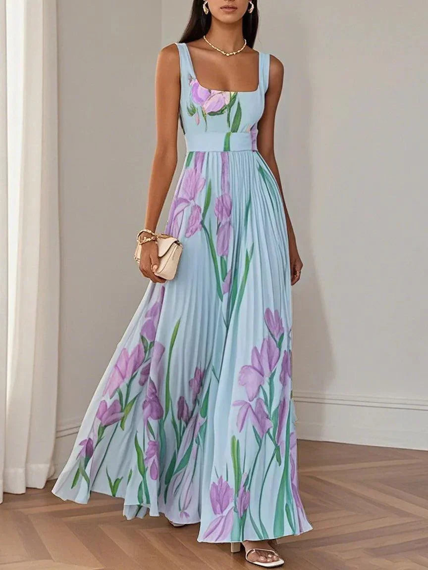 Stunning women's sleeveless floral maxi dress featuring a square neck & pleated skirt, ideal for elegant wedding guests.