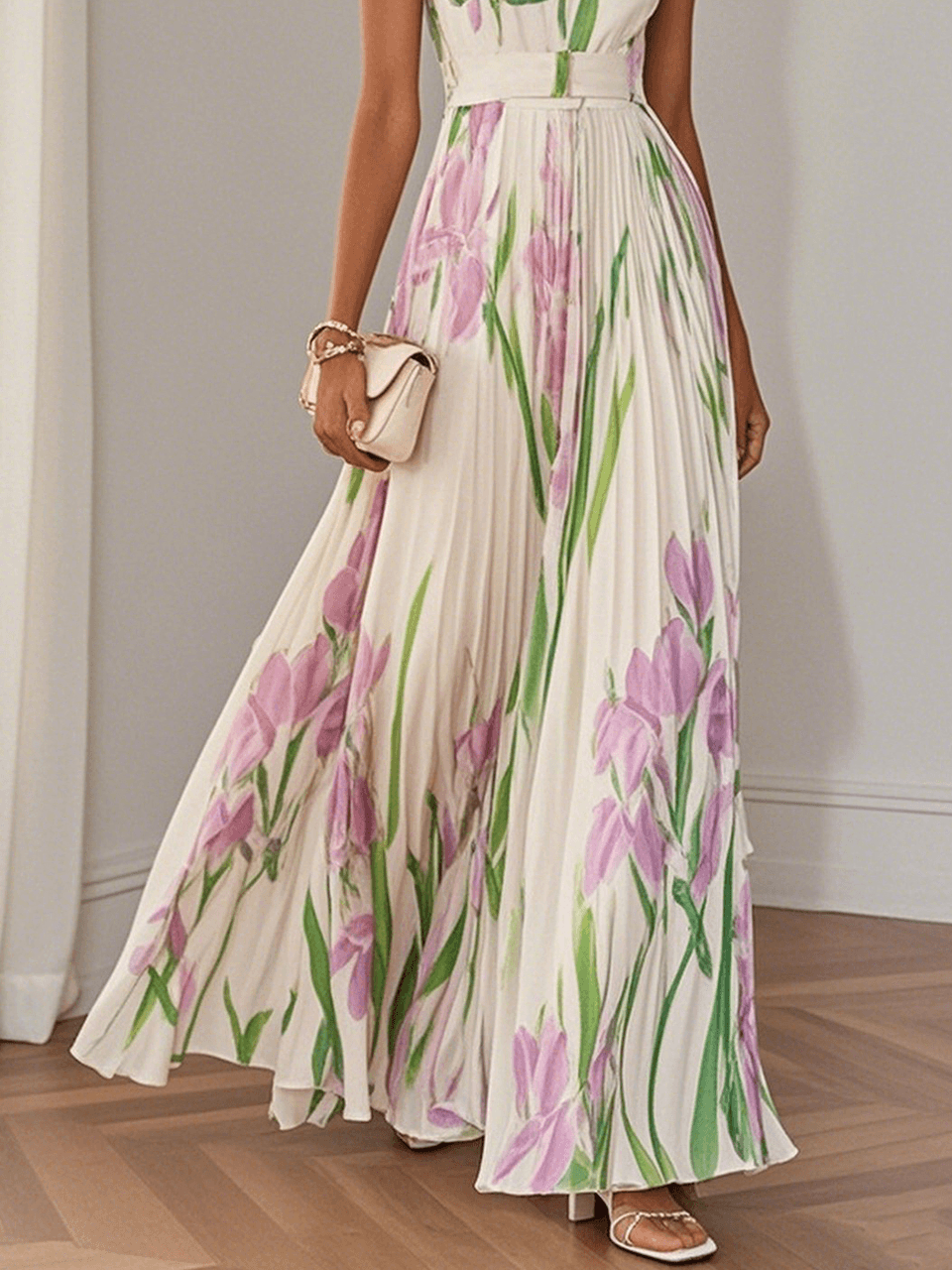 Women's elegant floral print pleated maxi dress, sleeveless with a square neck. Ideal for weddings, parties & events.
