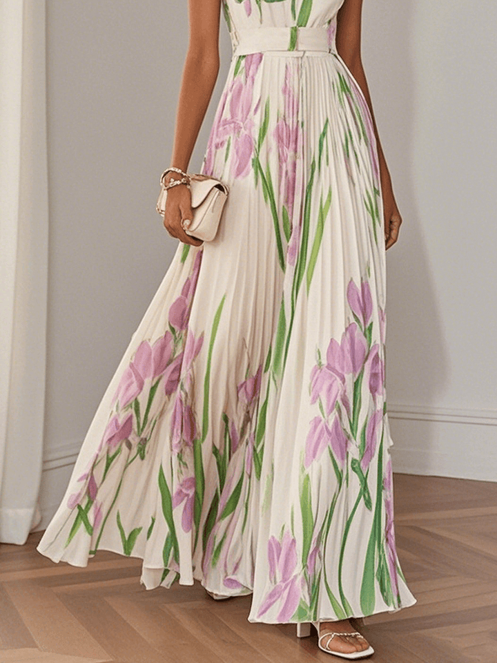 Women's elegant floral print pleated maxi dress, sleeveless with a square neck. Ideal for weddings, parties & events.