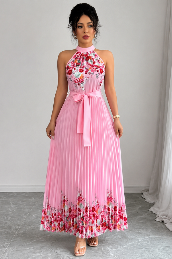 Elegant women's floral pleated midi dress with a stylish square neck, perfect for summer vacations.