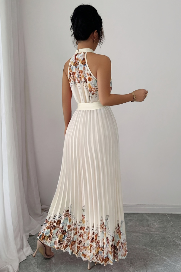 Women's party dress: elegant floral pleated midi with a sophisticated square neck, sleeveless.
