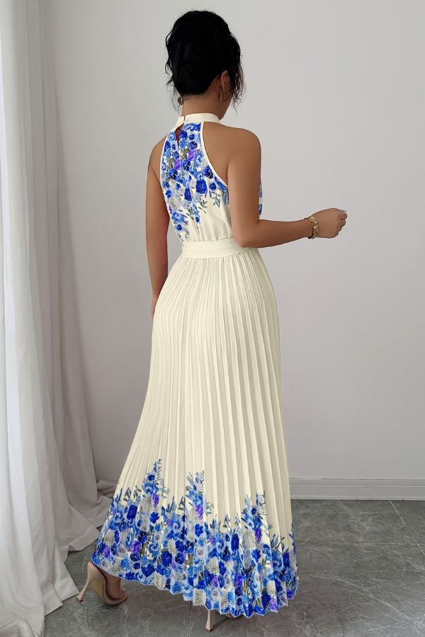 Elegant women's sleeveless floral midi dress with a square neck and delicate all-over pleating.