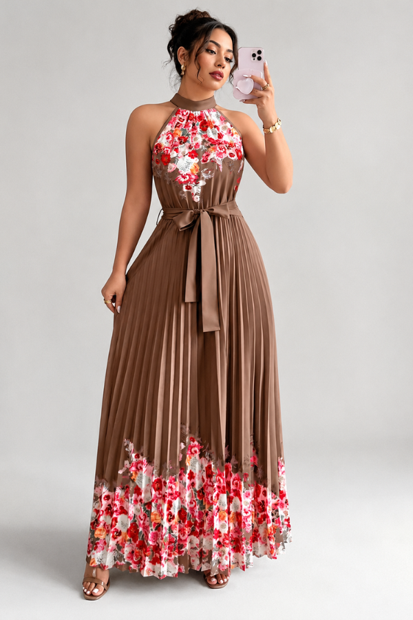 Women's brunch midi dress: floral pattern, pleated skirt, and an attractive square neckline.