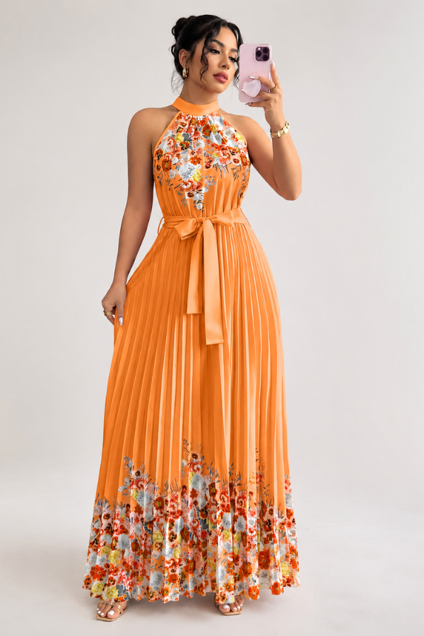 Summer fashion women's floral pleated dress, midi length, with a stylish square neck design.