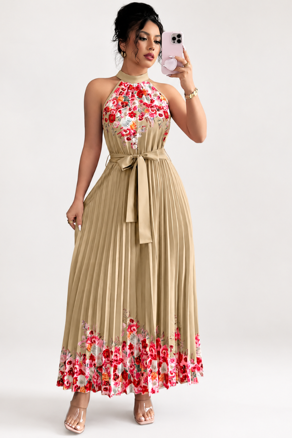 Sophisticated women's spring floral midi dress, fully pleated, with a stylish square neck.