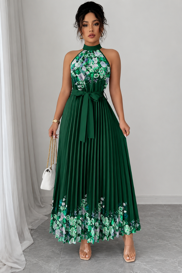Women's party wear: floral pleated midi dress, sleeveless, with an elegant square neck detail.