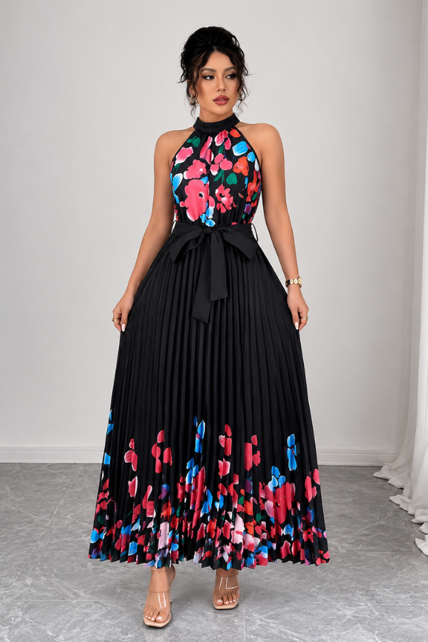 Flowy women's square neck floral midi dress, perfect for summer, featuring graceful pleats.