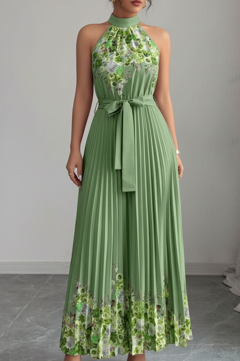 Women's elegant pleated midi dress with a beautiful floral print and a chic square neckline.