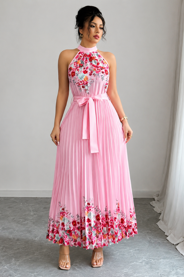 Sleeveless floral pleated midi dress for women, with a chic square neckline, great for spring parties.