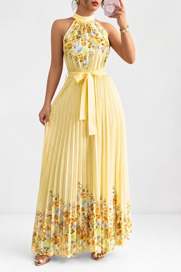 Vacation-ready women's floral pleated midi dress, sleeveless with an elegant square neck design.