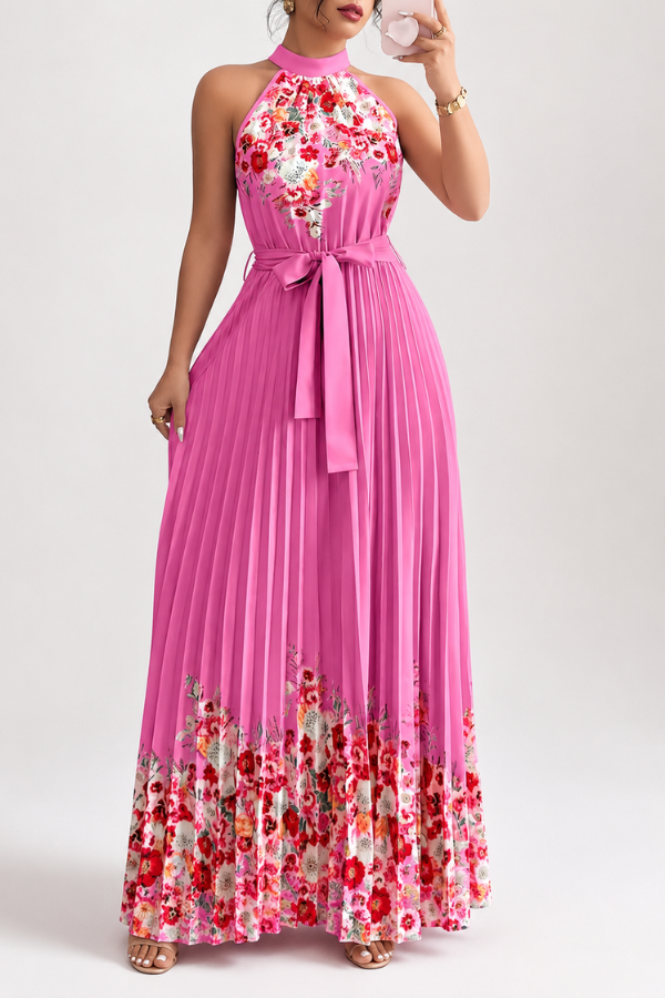 Beautiful women's floral print midi dress, fully pleated, showcasing a trendy square neckline.