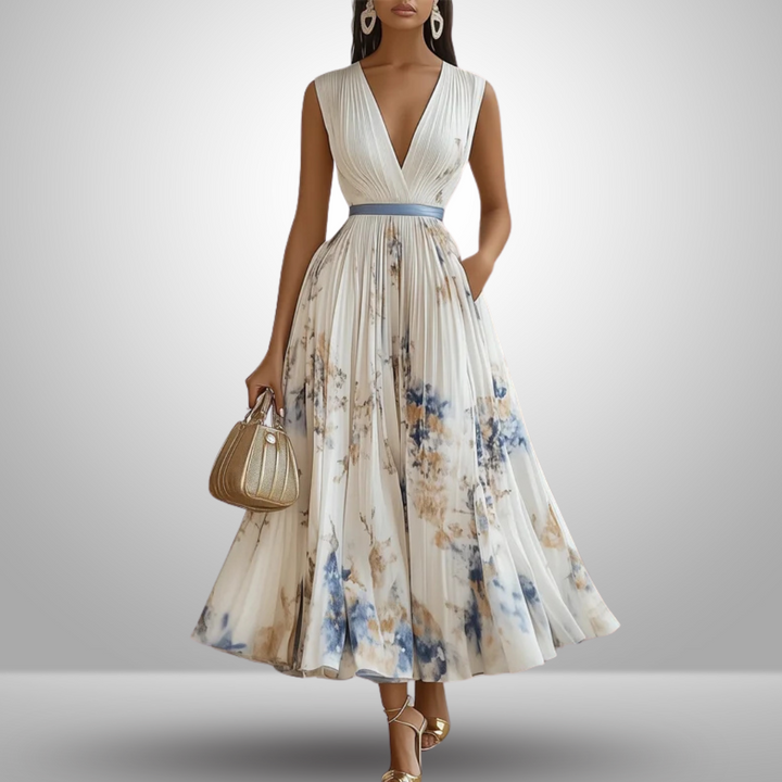 Elegant women's floral pleated V-neck midi dress, perfect for summer occasion wear.