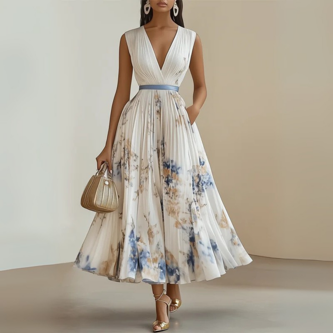 Stylish sleeveless V-neck floral midi dress for women with elegant pleats, ideal for parties.
