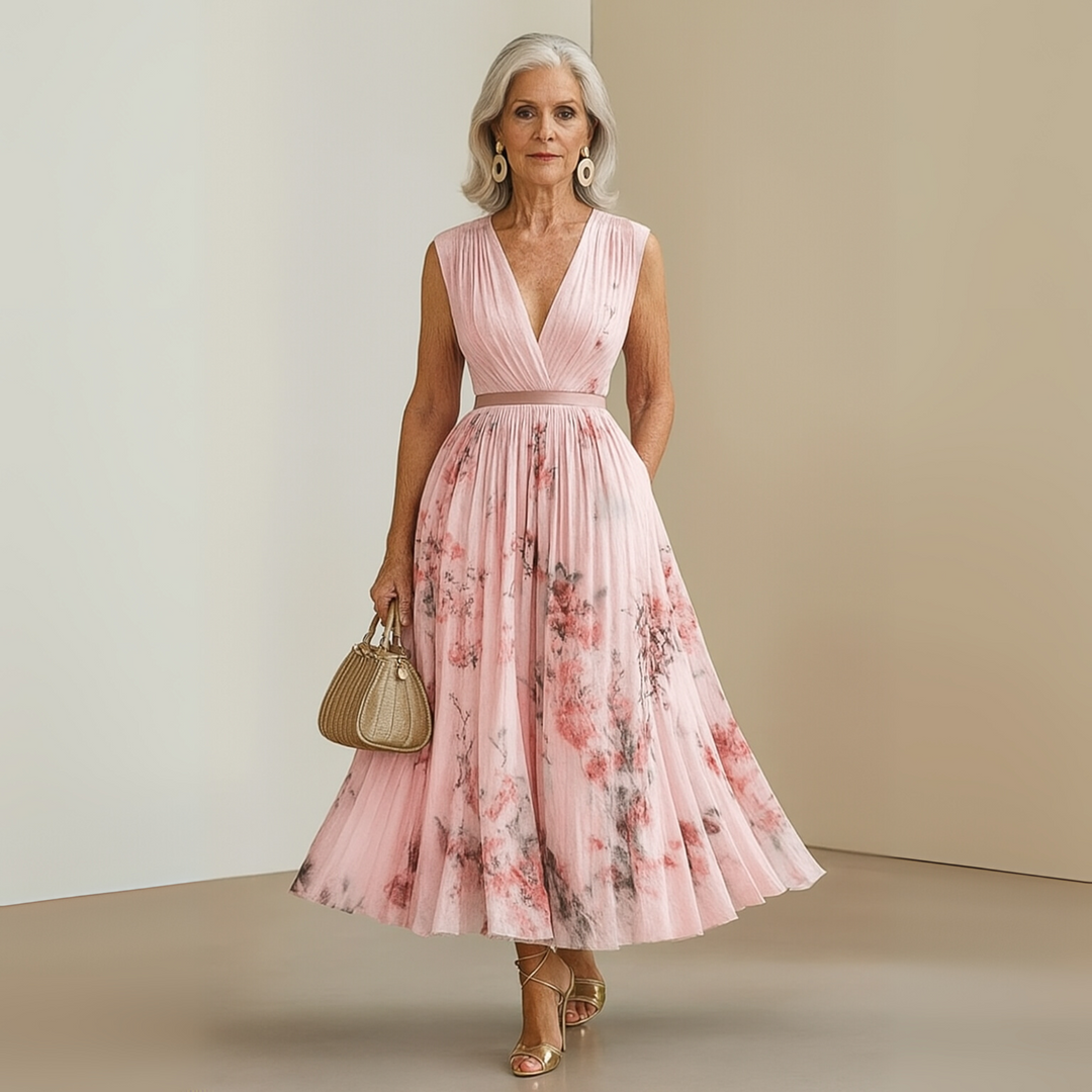 Women's elegant floral pleated V-neck midi dress, a sophisticated choice for any occasion.