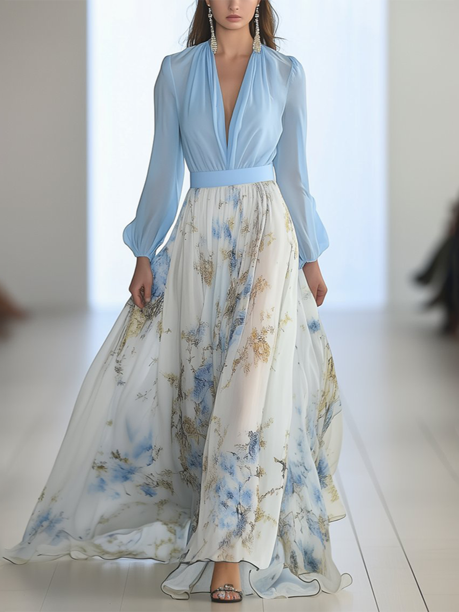 Elegant women's floral print maxi dress with a flowing silhouette and V-neck, perfect for summer events.