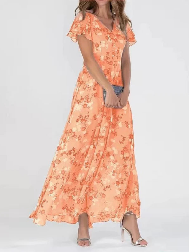 Elegant women's floral print maxi dress with flutter sleeves & V-neck, perfect for summer occasions.