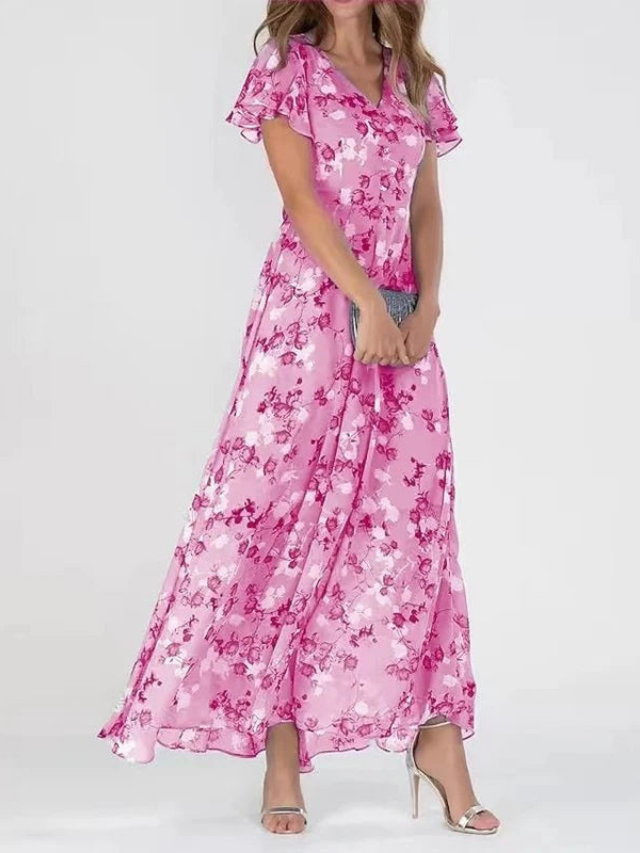 Chic women's elegant floral maxi dress. V-neck, flutter sleeves, ideal for special occasions or summer events.