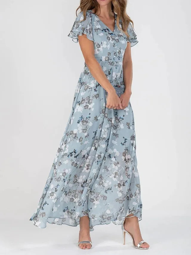 Beautiful women's floral flutter sleeve V-neck maxi dress, a comfortable and stylish choice for any event.