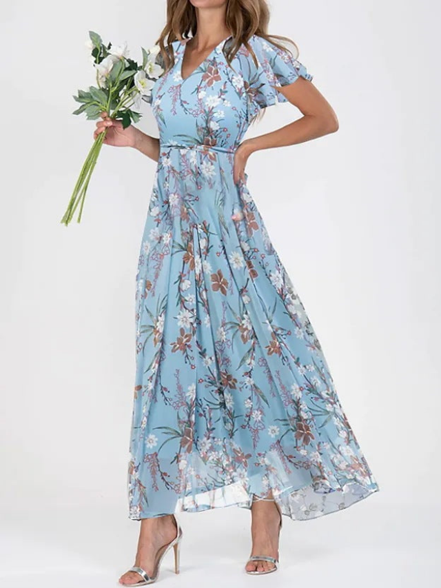 Vibrant floral print maxi dress for women, with elegant flutter sleeves and a flattering V-neck design.