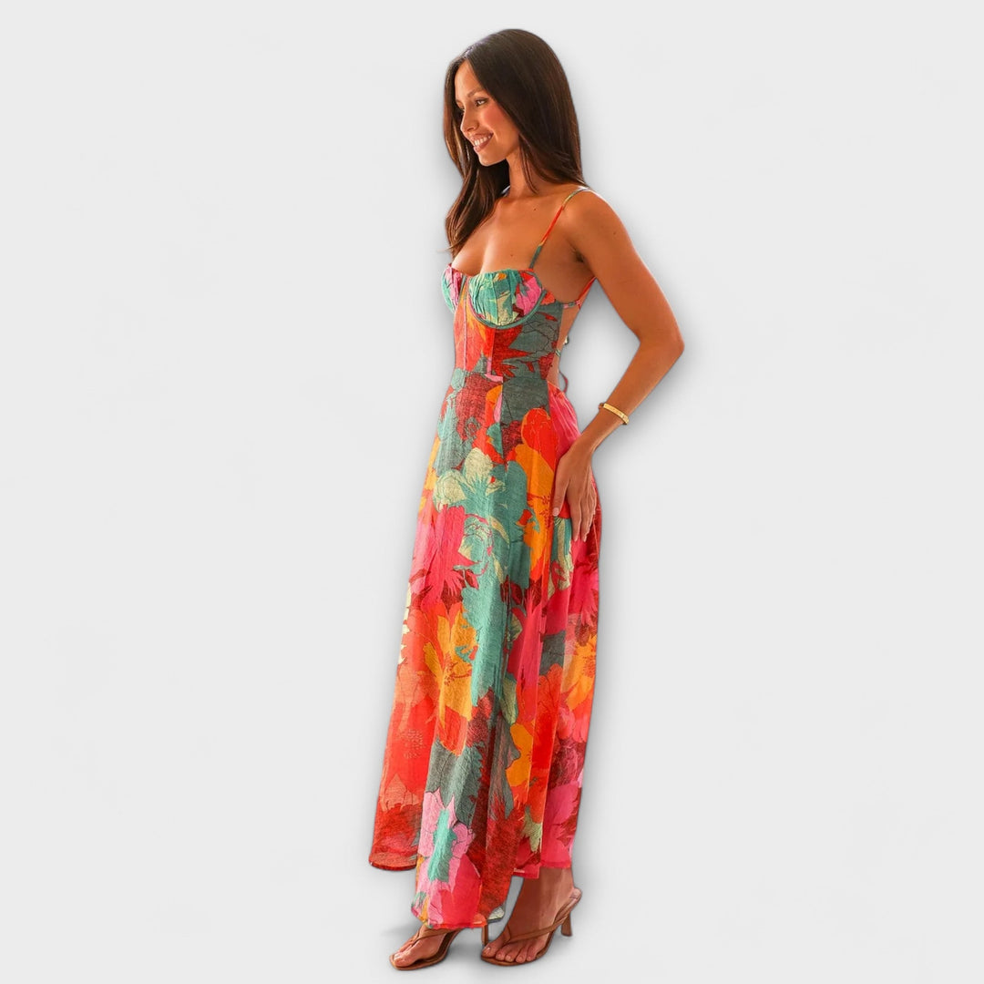 Stylish women's floral midi dress, a summer fashion essential. Comfortable & elegant for events & special gatherings.