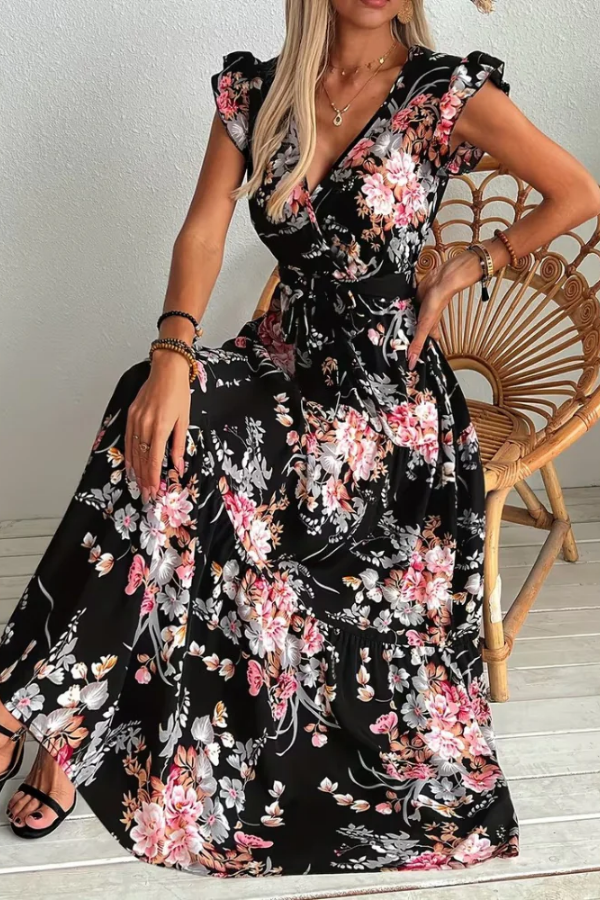 Elegant women's floral print swing maxi dress with V-neck, ruffle sleeves & belt, perfect for summer.