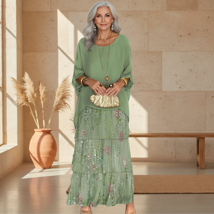 Elegant women's floral sequin tiered boho maxi dress, perfect for summer parties & wedding guests.