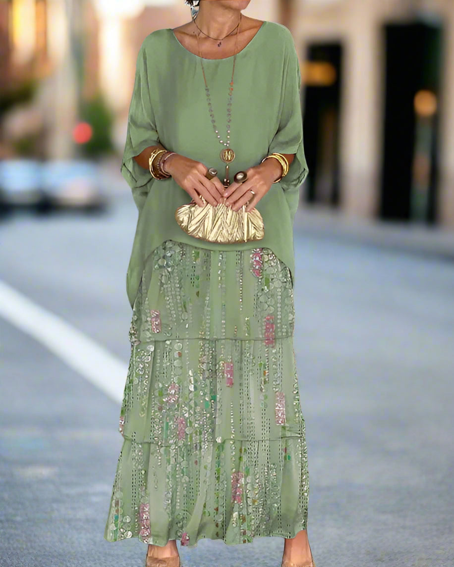 Stylish women's long floral sequin tiered boho dress, perfect for elegant summer occasion wear.