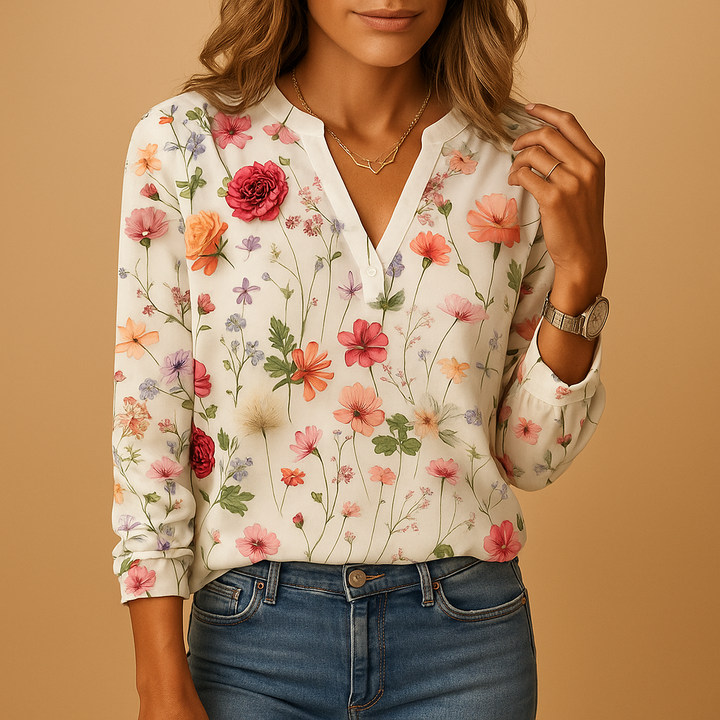 Elegant women's floral V-neck blouse with long sleeves, a stylish and comfortable top for work or casual wear.