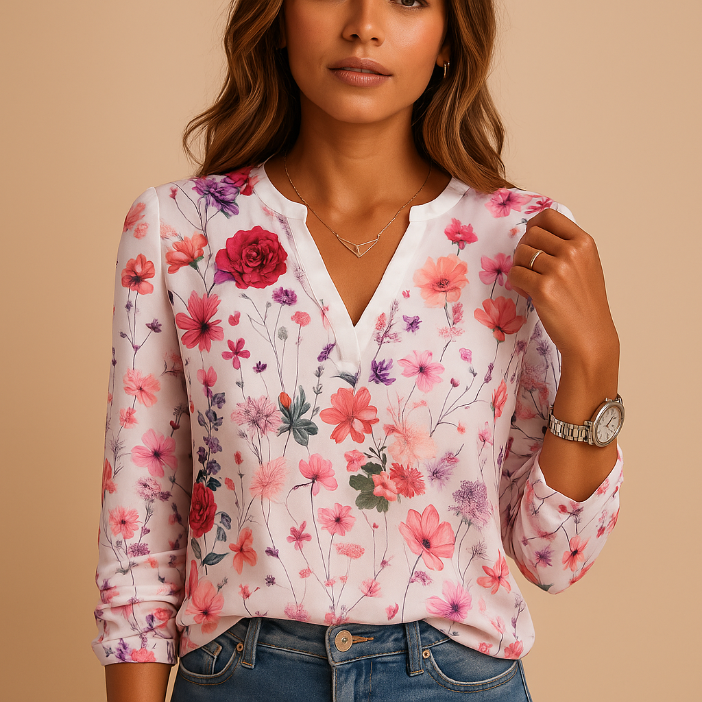Floral V-neck long sleeve blouse for women, showcasing its elegant pattern and comfortable fit.