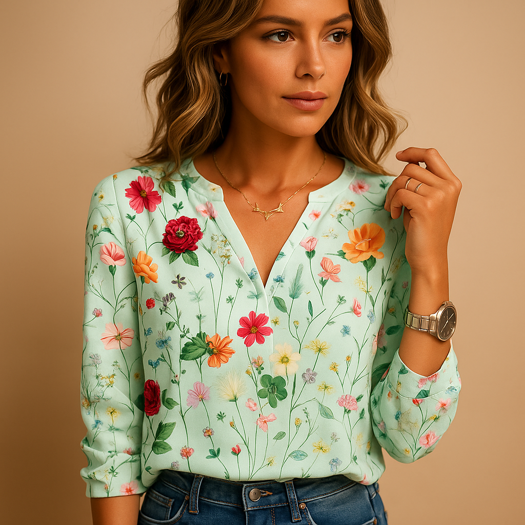Women's elegant floral V-neck long sleeve top, perfect for a chic casual look or professional workwear.