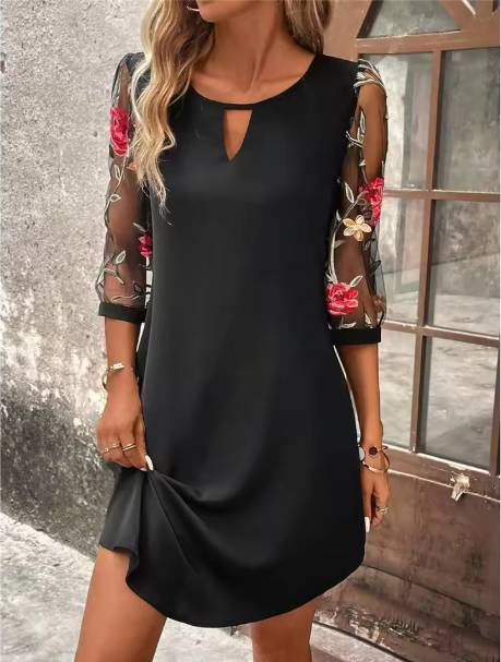 Elegant women's floral V-neck dress with sheer long sleeves, perfect for parties, evenings, or special occasions.