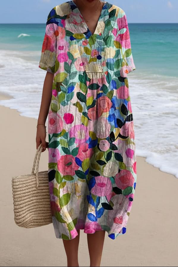Elegant women's floral V-neck midi dress, perfect for summer vacations & warm weather fashion.