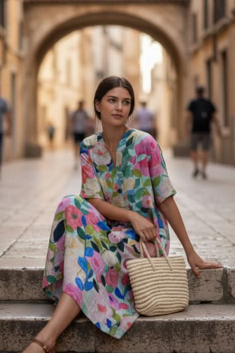 Flowy floral V-neck midi dress for women, ideal for casual summer days or beach outings.