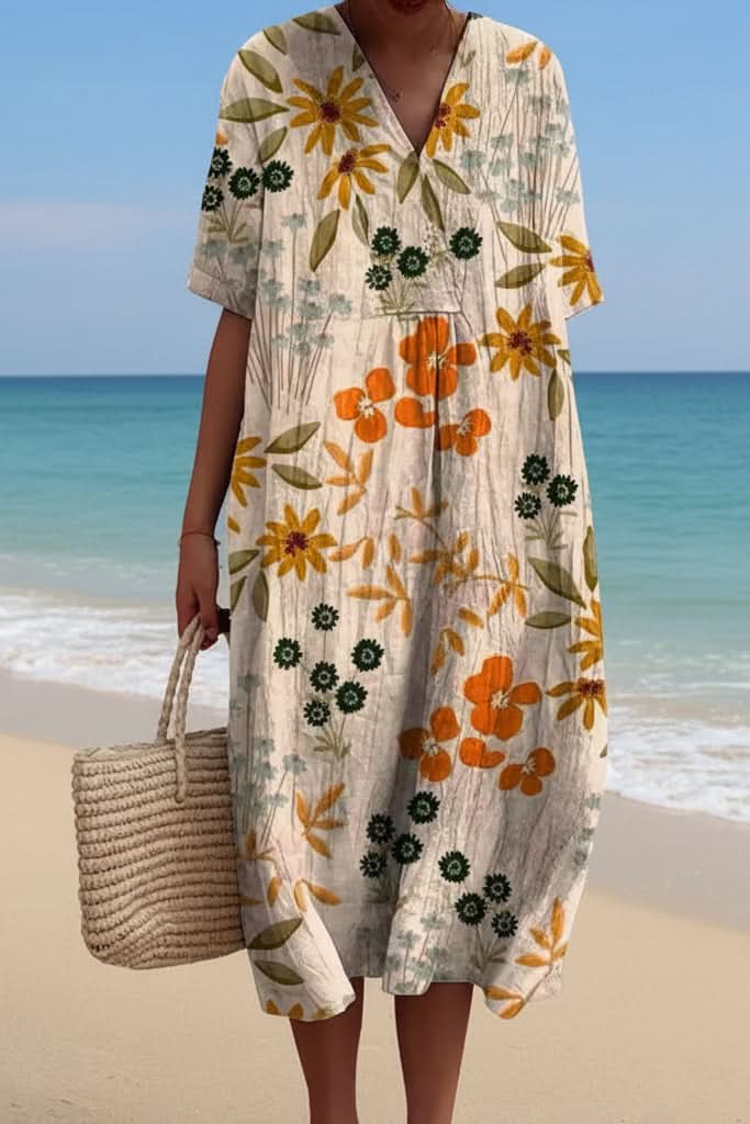 Vibrant floral print V-neck midi dress for women, stylish and comfortable summer wear.