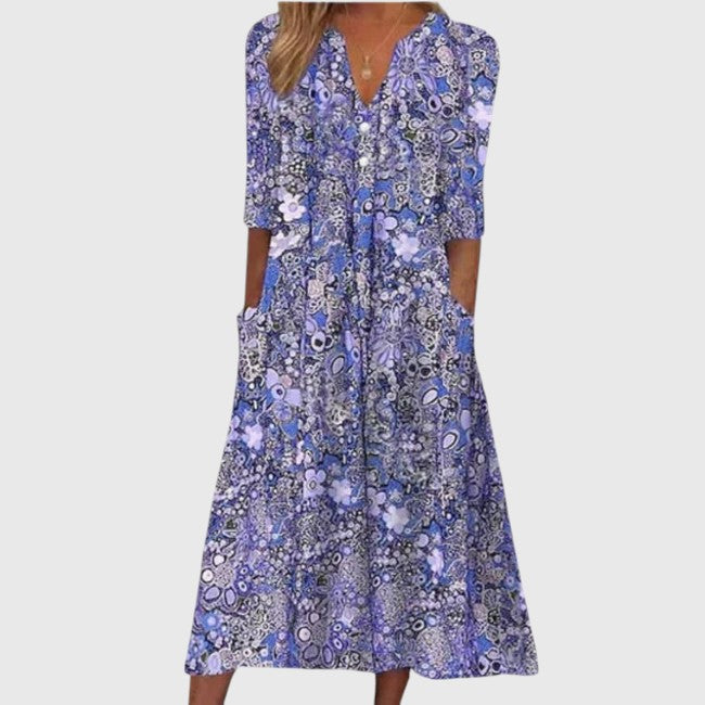 Elegant women's floral V-neck midi dress with A-line silhouette, perfect for spring/summer casual chic.