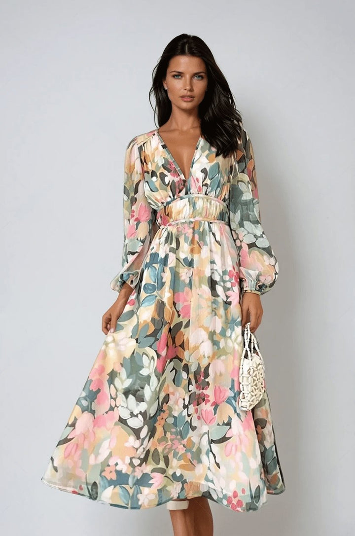 Elegant women's floral V-neck midi dress with long sleeves & belt, perfect for wedding guests & spring parties.