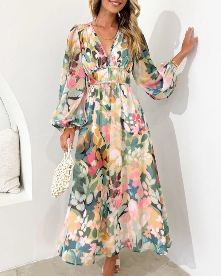 Stylish women's floral belted midi dress with V-neck. Ideal for summer formal events or special occasions.